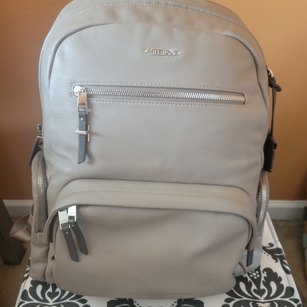 Tumi Leather Backpack in Gray and Silver; Cloth storage bag included